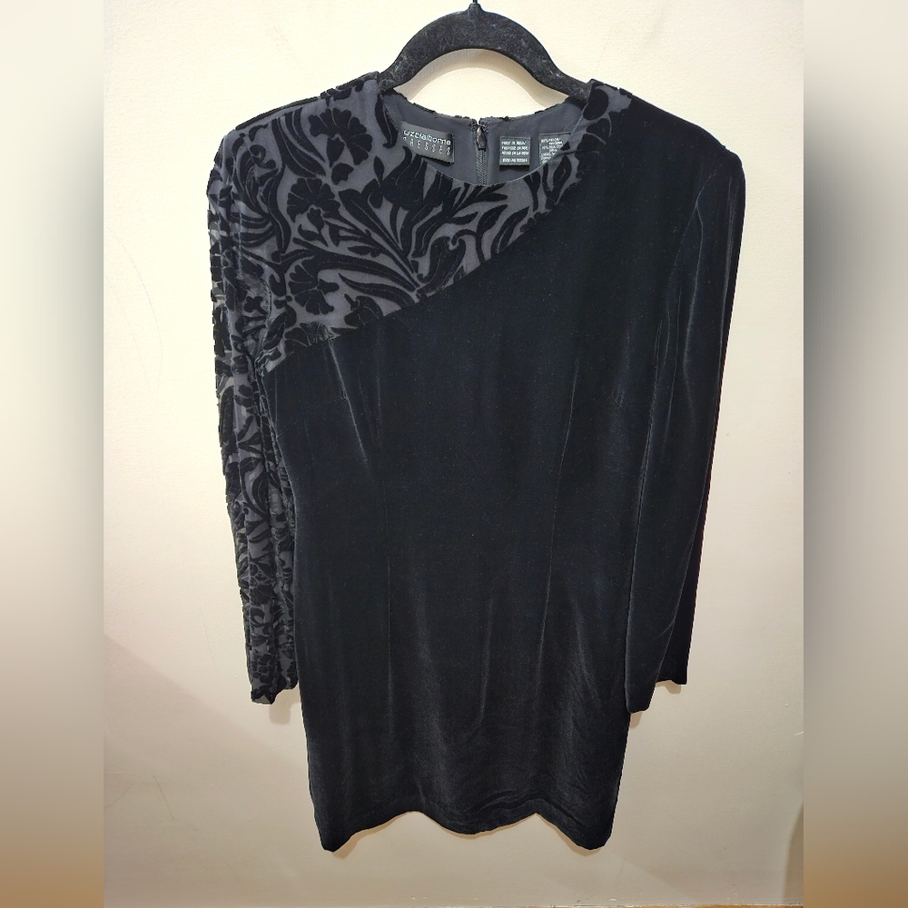 Liz Claiborne Black Crushed Velvet Silk Dark Romantic Cocktail Midi Dress 6